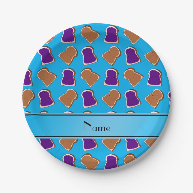 Personalized name sky blue peanut butter jelly paper plate (Front)