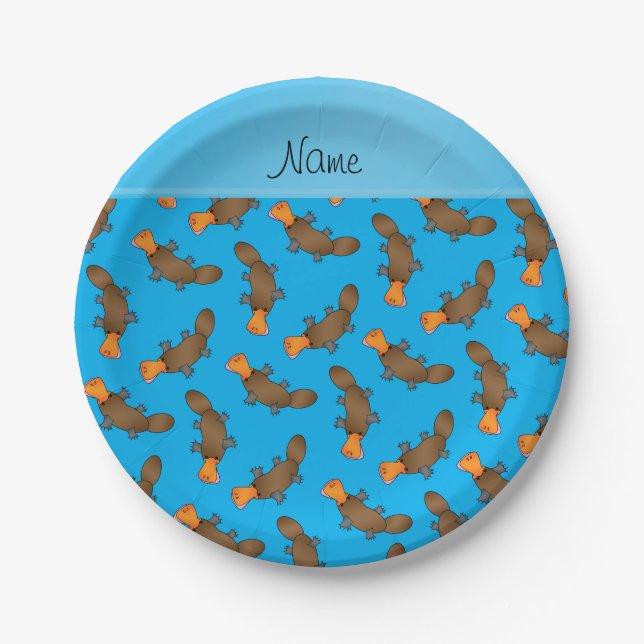 Personalized name sky blue platypus pattern paper plate (Front)