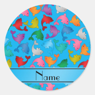Personalized name sky blue rainbow dolphins classic round sticker