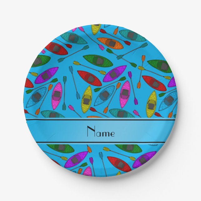 Personalized name sky blue rainbow kayaks paper plate (Front)