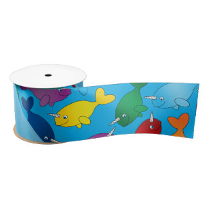 Personalized name sky blue rainbow narwhals satin ribbon