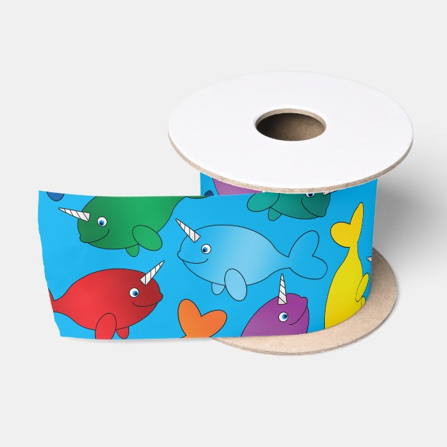 Personalized name sky blue rainbow narwhals satin ribbon (Spool)
