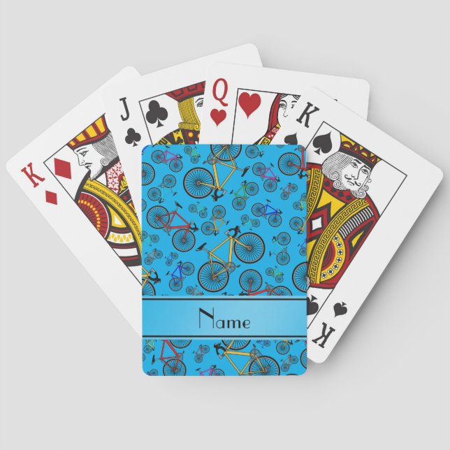 Personalized name sky blue road bikes playing cards (Back)