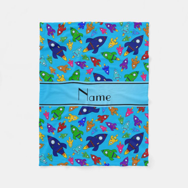 Personalized name sky blue rocket ships fleece blanket (Front)
