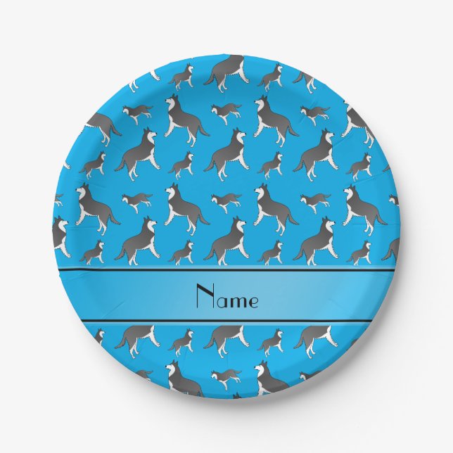 Personalized name sky blue siberian husky dogs paper plate (Front)