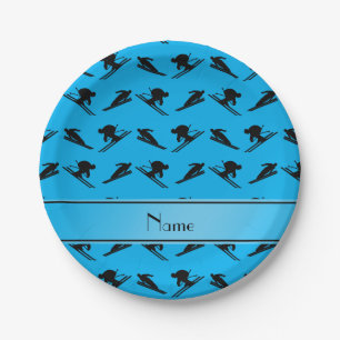 Personalized name sky blue ski pattern paper plate