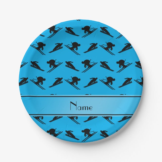 Personalized name sky blue ski pattern paper plate (Front)