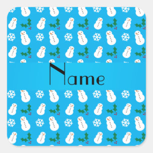 Personalized name sky blue snowman christmas square sticker