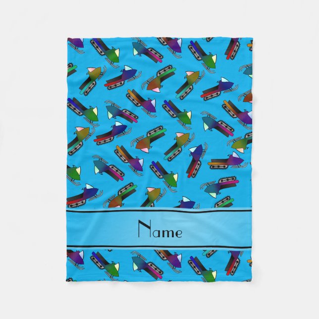 Personalized name sky blue snowmobiles fleece blanket (Front)
