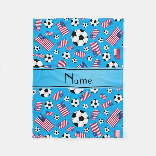 Personalized name sky blue soccer american flag fleece blanket (Front)