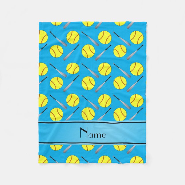 Personalized name sky blue softball pattern fleece blanket (Front)