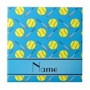 Personalized name sky blue softball pattern tile