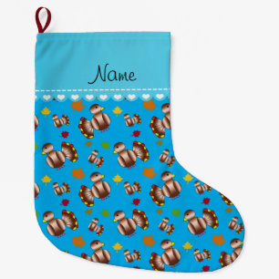 Personalized name sky blue turkey's leaves large christmas stocking
