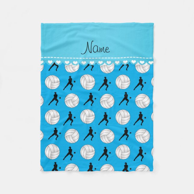Personalized name sky blue volleyballs silhouettes fleece blanket (Front)
