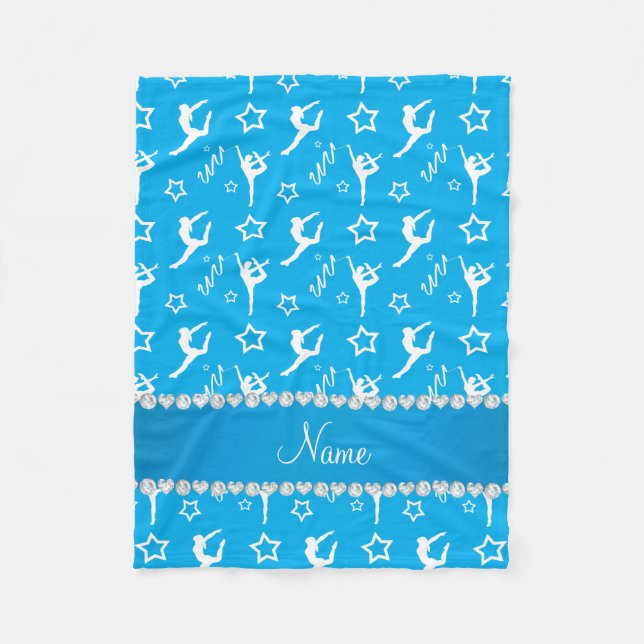 Personalized name sky blue white gymnastics stars fleece blanket (Front)