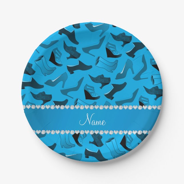 Personalized name sky blue women's shoes pattern paper plate (Front)