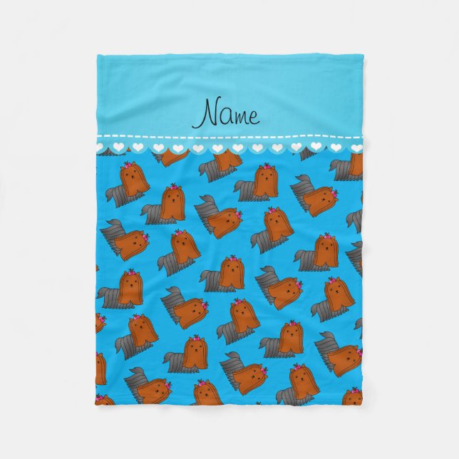 Personalized name sky blue yorkshire terriers fleece blanket (Front)