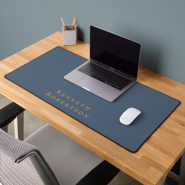 Personalized Name Slate Blue Brass Minimalist Men  Desk Mat (Office 2)