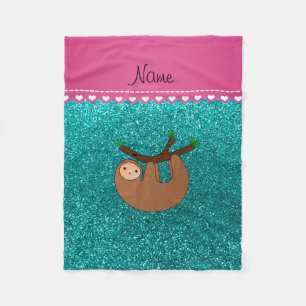 Personalized name sloth bright aqua glitter fleece blanket