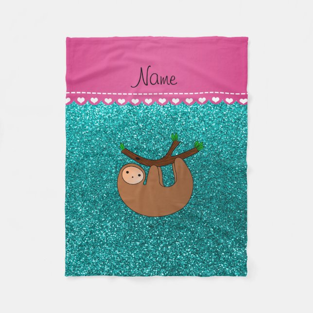 Personalized name sloth bright aqua glitter fleece blanket (Front)