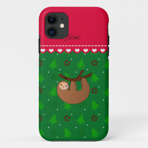 Personalized name sloth green christmas trees iPhone 11 case