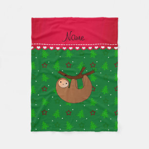 Personalized name sloth green christmas trees fleece blanket