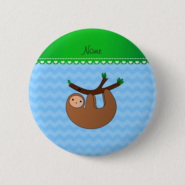 Personalized name sloth pastel blue chevrons 2 inch round button (Front)