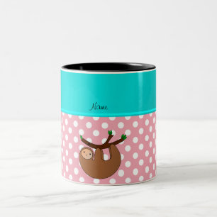 Personalized name sloth pink polka dots Two-Tone coffee mug