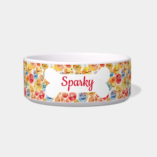 Personalized Name Smileys Pattern Pet Dog Bowl (Front)