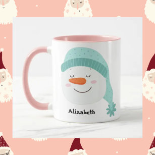 Personalized name smiling face snowman happy cute  mug