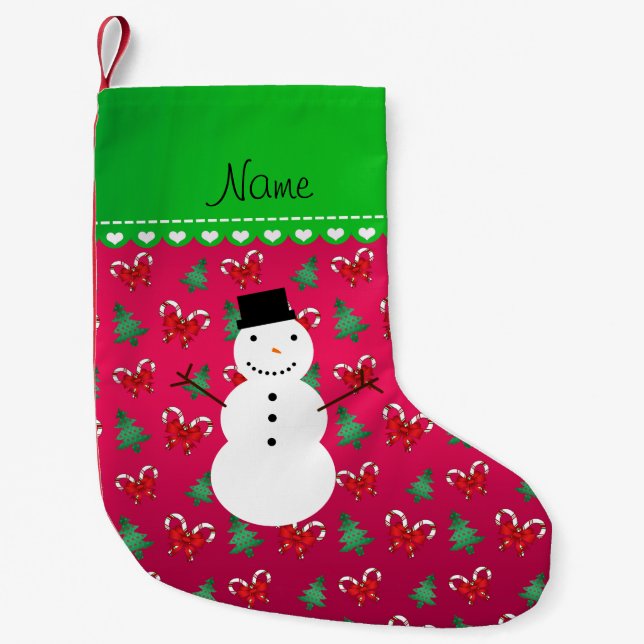 Personalized name snowman pink trees bows small christmas stocking (Front)
