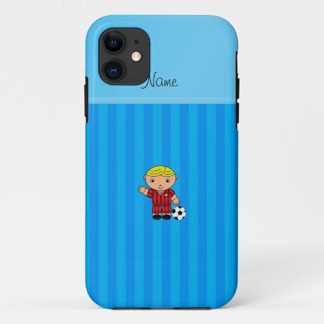 Personalized name soccer player sky blue stripes Case-Mate iPhone case (Back)