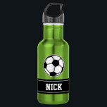 Personalized name soccer sports water bottle<br><div class="desc">Personalized monogram gift soccer sports water bottle. Green Stainles steel metallic colour. Sporty gift idea for coach, players, team mates and sports fans. Modern typography design with custom name, funny quote, slogan or monogram. Create your own unique monogrammed drink bottle. Suitable for men women and kids / children. Cute Birthday...</div>