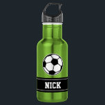 Personalized name soccer sports water bottle<br><div class="desc">Personalized monogram gift soccer sports water bottle. Green Stainles steel metallic colour. Sporty gift idea for coach, players, team mates and sports fans. Modern typography design with custom name, funny quote, slogan or monogram. Create your own unique monogrammed drink bottle. Suitable for men women and kids / children. Cute Birthday...</div>