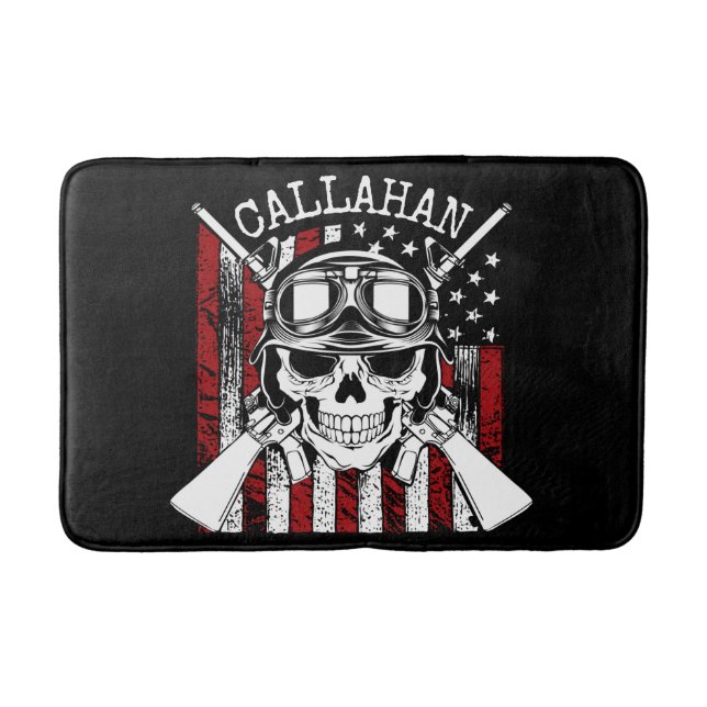 Personalized NAME Soldier Skull Dual Guns USA Flag Bath Mat (Front)