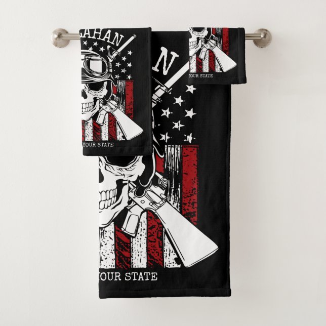 Personalized NAME Soldier Skull Dual Guns USA Flag Bath Towel Set (Insitu)