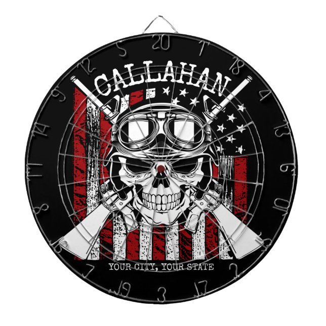 Personalized NAME Soldier Skull Dual Guns USA Flag Dartboard (Front)