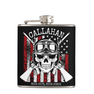 Personalized NAME Soldier Skull Dual Guns USA Flag Hip Flask