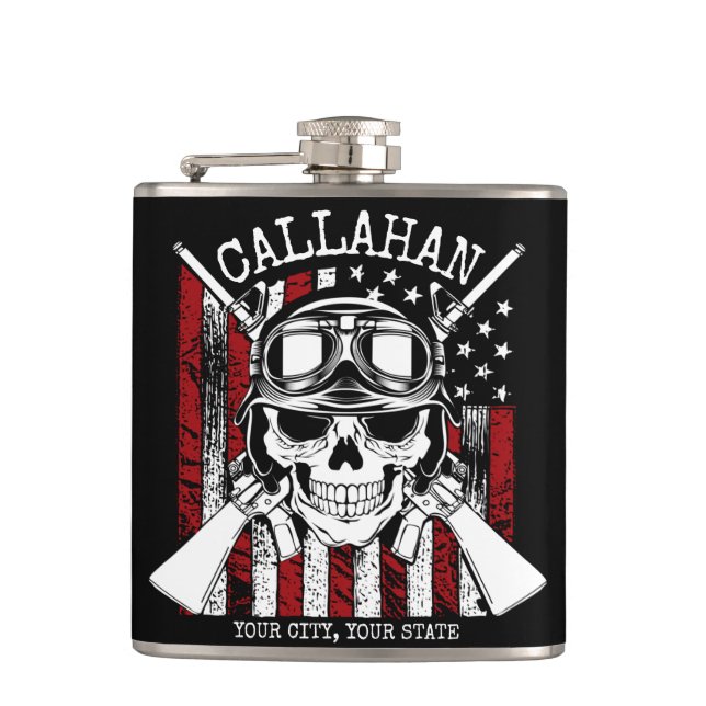 Personalized NAME Soldier Skull Dual Guns USA Flag Hip Flask (Front)
