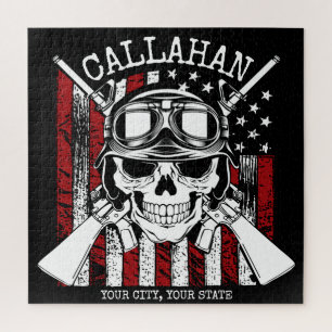 Personalized NAME Soldier Skull Dual Guns USA Flag Jigsaw Puzzle