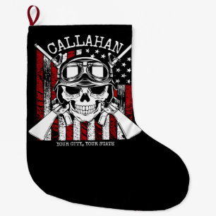 Personalized NAME Soldier Skull Dual Guns USA Flag Large Christmas Stocking