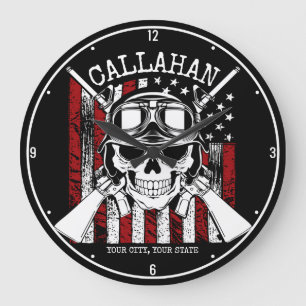 Personalized NAME Soldier Skull Dual Guns USA Flag Large Clock