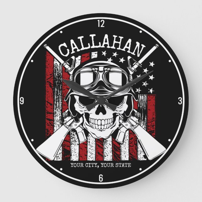 Personalized NAME Soldier Skull Dual Guns USA Flag Large Clock (Front)