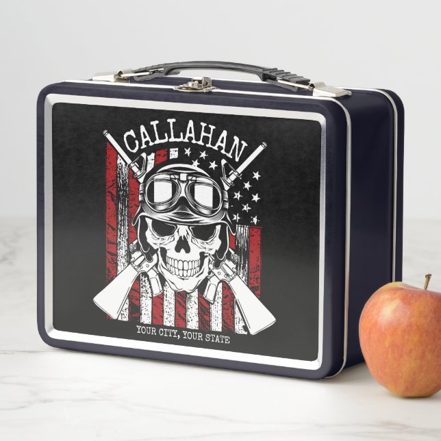 Personalized NAME Soldier Skull Dual Guns USA Flag Metal Lunch Box (In Situ)