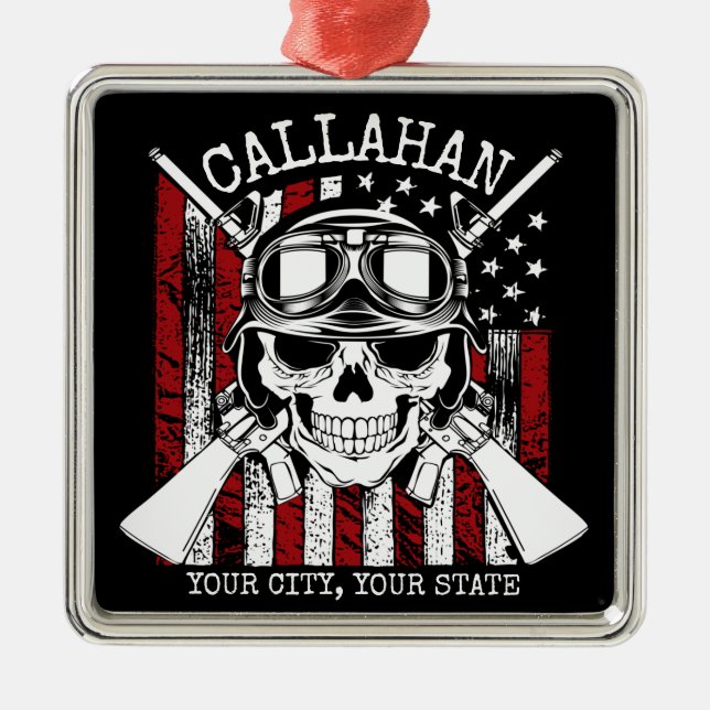 Personalized NAME Soldier Skull Dual Guns USA Flag Metal Ornament (Front)