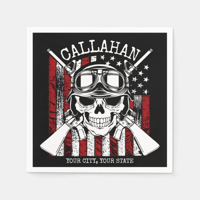 Personalized NAME Soldier Skull Dual Guns USA Flag Napkin (Front)