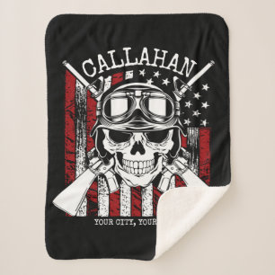Personalized NAME Soldier Skull Dual Guns USA Flag Sherpa Blanket