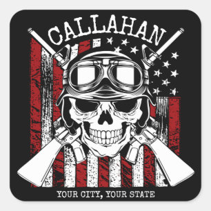 Personalized NAME Soldier Skull Dual Guns USA Flag Square Sticker