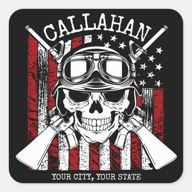 Personalized NAME Soldier Skull Dual Guns USA Flag Square Sticker (Front)