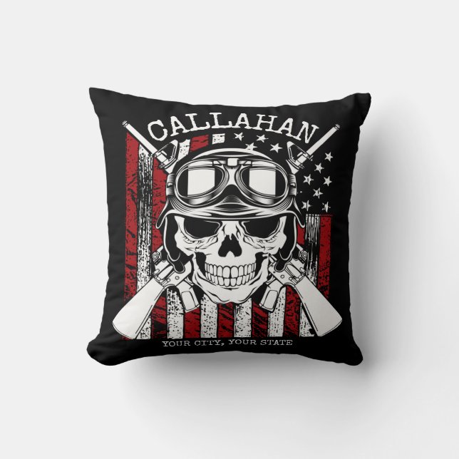 Personalized NAME Soldier Skull Dual Guns USA Flag Throw Pillow (Front)